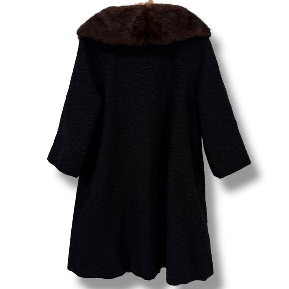 Vintage Young Quinlan Black Textured Wool Coat Brown Mink Fur Collar Size Large - Picture 7 of 8